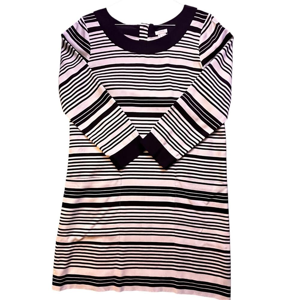 J.CREW Silk Dress Womens 6 Navy Blue Striped 3/4 Sleeve Shift Lined Zip Back